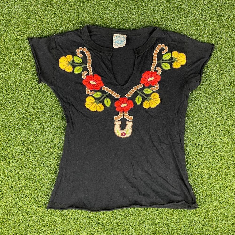 Y2K Texas Couture Black Embroidered Floral Cap Sleeve Black Baby T Sz S